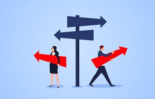 drawn image of man and woman holding arrows going in different directions Helland & Hurwitz Attorneys at Law Colorado